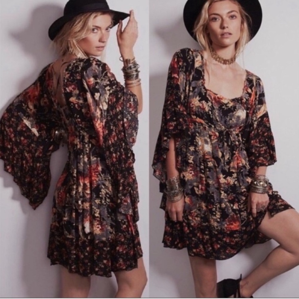 Free People Heart Of Gold Mini Dress in Black/Red/Orange Combo